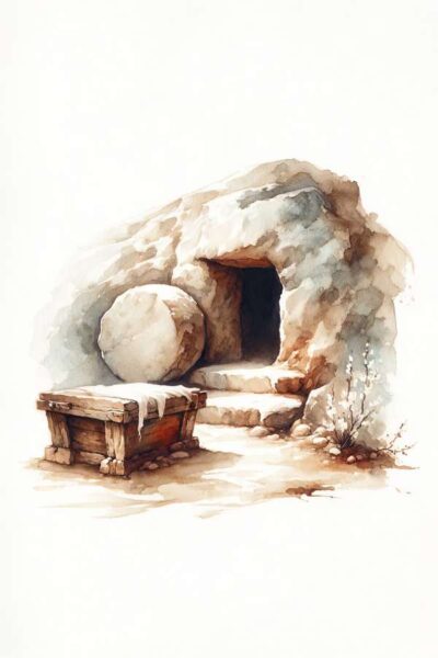 Burial site of Christ with the stone rolled away
