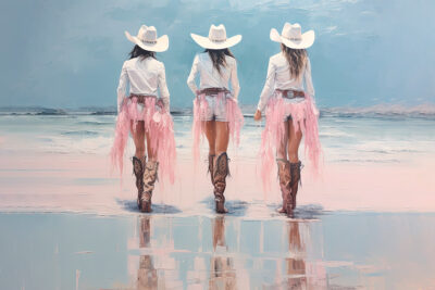 Pale pink sparkle glitter coastal cowgirls wearing long white skirts and boots