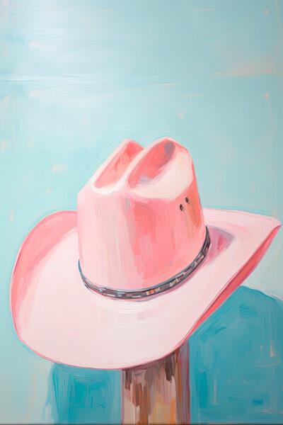 Pink cowboy hat on pale blue background
