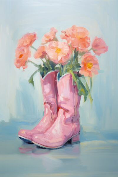 Pink cowgirl boots with flowers painting