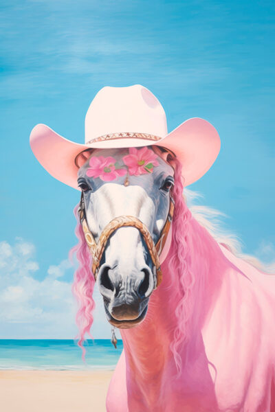 Pink horse wearing a cowboy hat