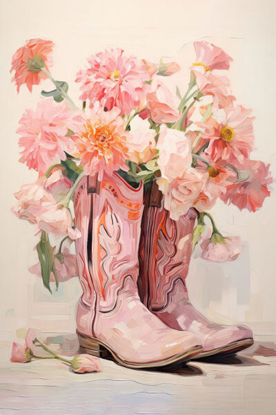 A pink cowgirl boots and flowers