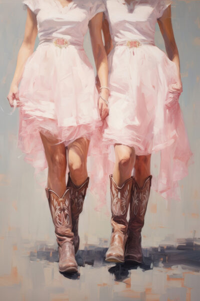 2 women in white dresses with pink cowgirl boots