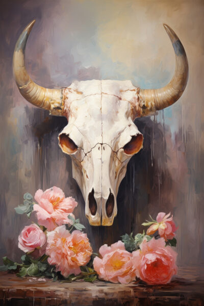 Cowgirl hat, boots, and a cow skull