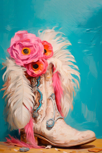 Painting of A cowboy boot with a peacock feather