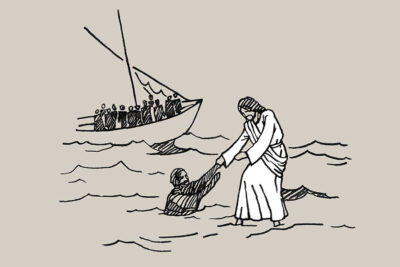 Jesus and Peter in water