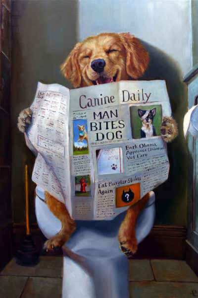 Funny Bathroom Poster Dog in toilet reading newspaper