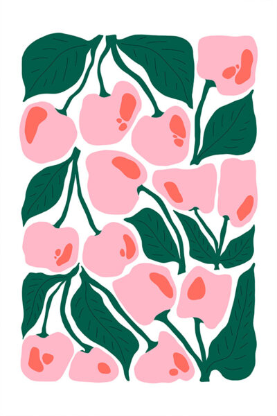 Bright Abstract Cherry Botanical Print, Abstract Cherry Wall Art, Modern Pink and Green Prints, Retro Flower Market Print, Colorful Poster