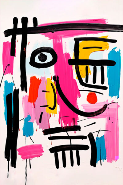 Modern cute happy messy line art face, pink, colorful