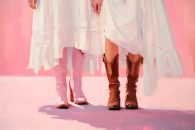 Oil painting of 2 lower legs cowgirls with pink boots
