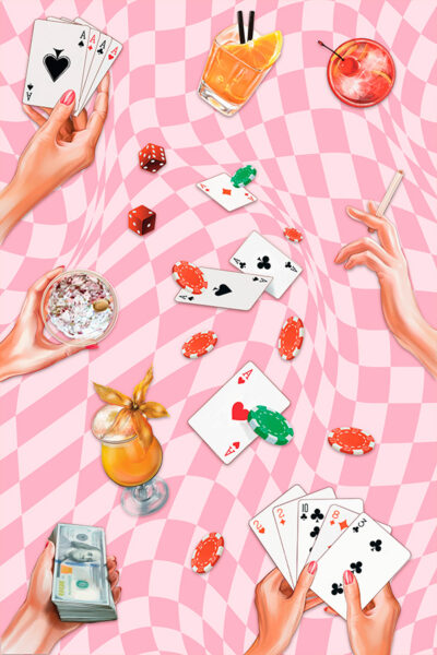 Playing Cards Wall Print, Women Poker Night Cards & Drinks, Retro wall art Print, bar cart, Dorm room decor