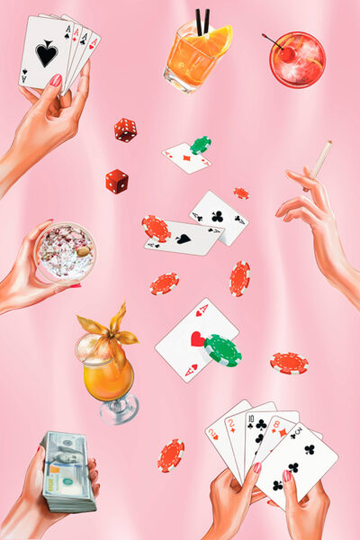 Playing Cards Wall Print, Women Poker Night Cards & Drinks, Retro wall art Print, bar cart, Dorm room decor