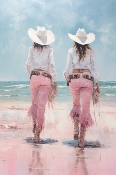 Pale pink sparkle glitter coastal cowgirls wearing long white skirts and boots on beach