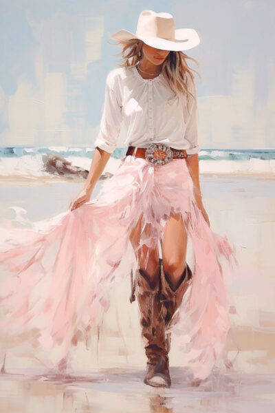 Pale pink sparkle preppy coastal cowgirl wearing boots with long white skirt on beach