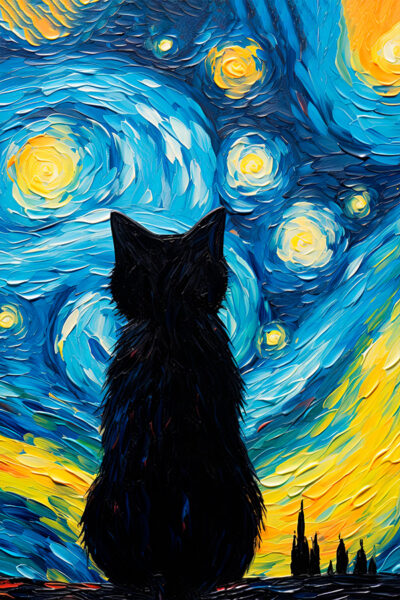 Furry black cat from the back starry night Van Gogh style