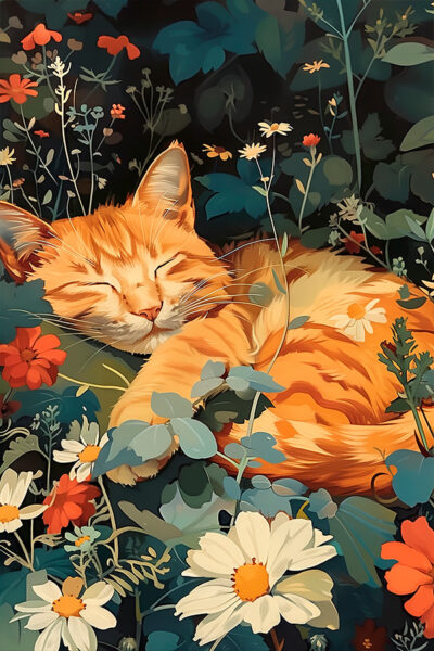 Ginger Cat Wildflowers Canvas Wall Art
