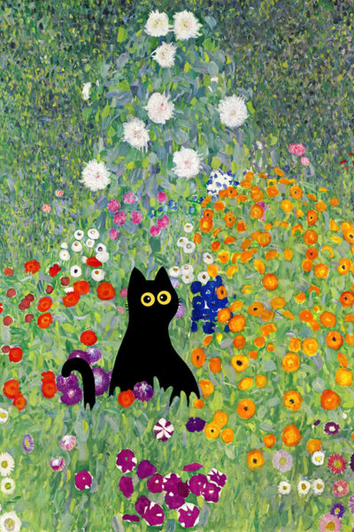 Gustav Klimt Garden Cat Print, Klimt Flowers Cat Poster, Black Cat Art, Floral Print, Funny Cat print, Funny gift, Home decor Poster