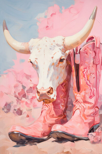 Pink cowboy boots and a cow skull