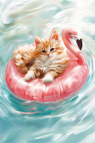 Orange kitten in the pool