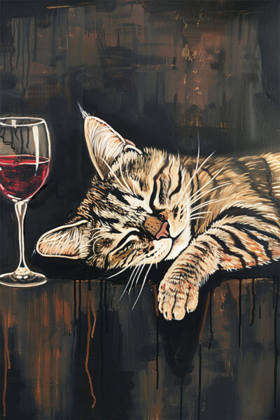 Sleeping cat with a glass of wine, bar cart