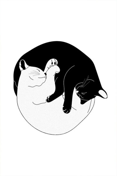 Yin and Yang Cats - Charity Vintage Lino Style Print - 70s Inspired Neutral Retro Decor - Boho Minimalist Wall Art
