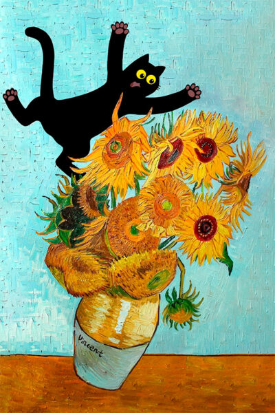 Cat Print Van Gogh Sunflowers Still Life Funny Gift Poster Wall Art