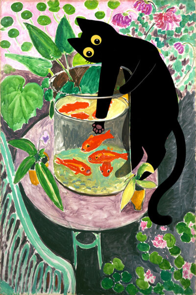 Poster of matisse goldfish with cat, matisse poster, famous paintings with cats, defaced paintings, cat and fish