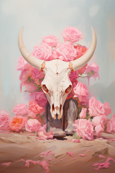 Pink cowboy boots and a cow skull