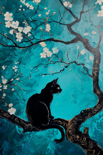 Van gogh almond blossom black cat