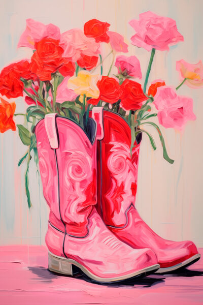 Pink cowboy boots with red flowers