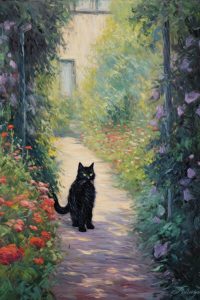Claude monet garden black cat