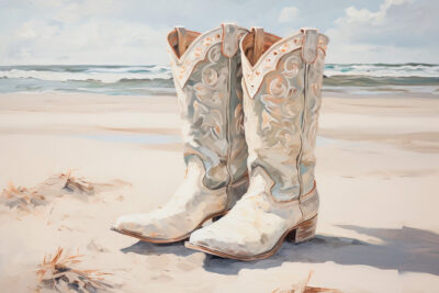 White cowgirl boots standing on the beach