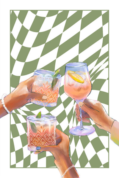 Cocktail Print, CHEERS Art, Green Preppy Bar Cart Print, Retro Trendy Wall Art, Drink Print, Dorm Room Decor