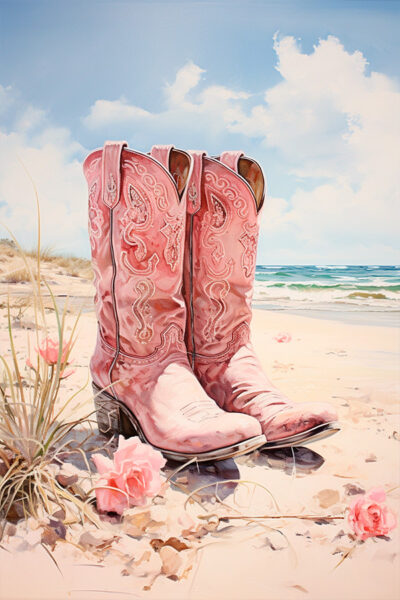 Aquarell painting pink cowgirl boots on a beach