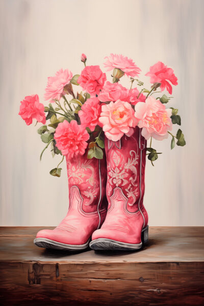 Flower Pink Cowgirl boots Painting print