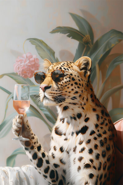 Leopard with glass of wine