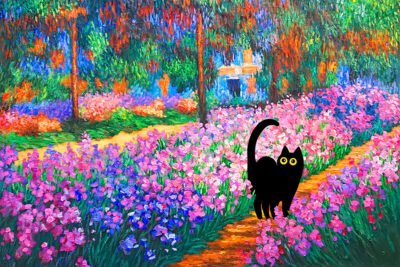 Black Cat in Claude Monet Garden Wall Art Painting Print