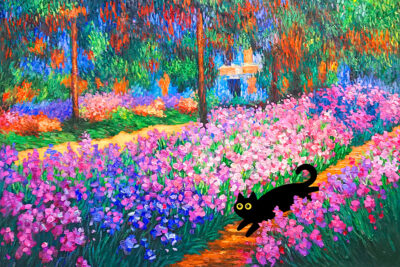 Black Cat in Claude Monet Garden Wall Art Painting Print