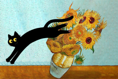 Cat Print Van Gogh Sunflowers Still Life Funny Gift Poster Wall Art