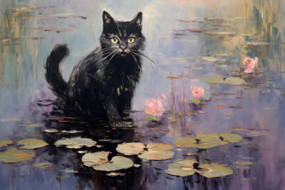 Water Lilies with black cat inspired by Claude Monet