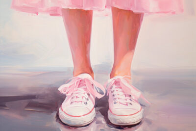 Pink preppy shoes, retro white skirt Oil brush stroke