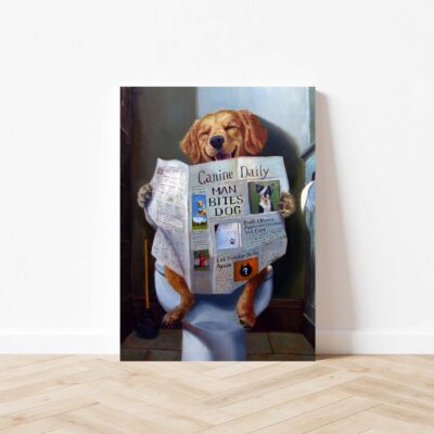 Funny Bathroom Poster Dog in toilet reading newspaper